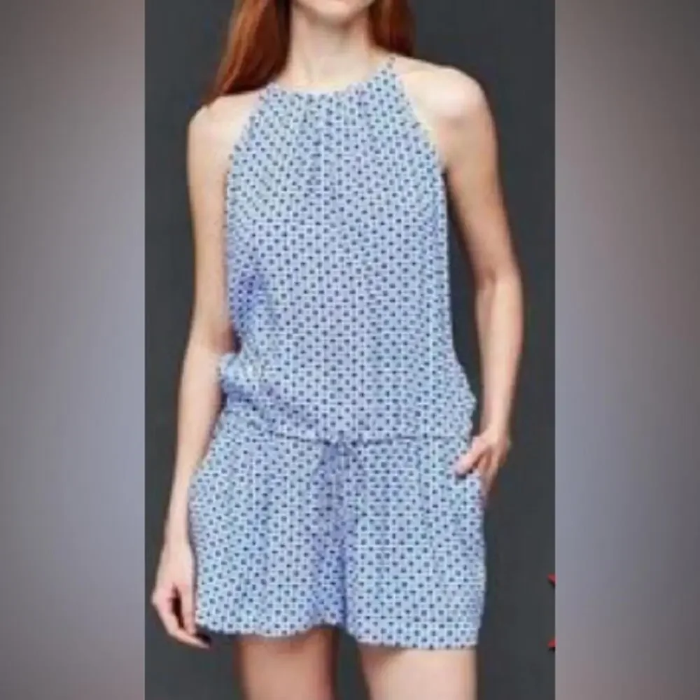 Gap Women’s Halter Romper Drawstring Pockets Blue White Geometric Sundress